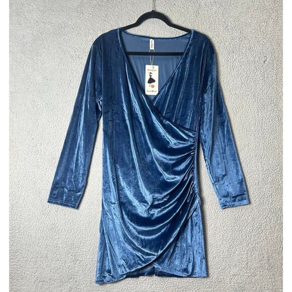 Velvet Dress Womens Juniors 2XL Blue Ruched V Neck Bodycon Formal Party Xmas NEW - Picture 1 of 11